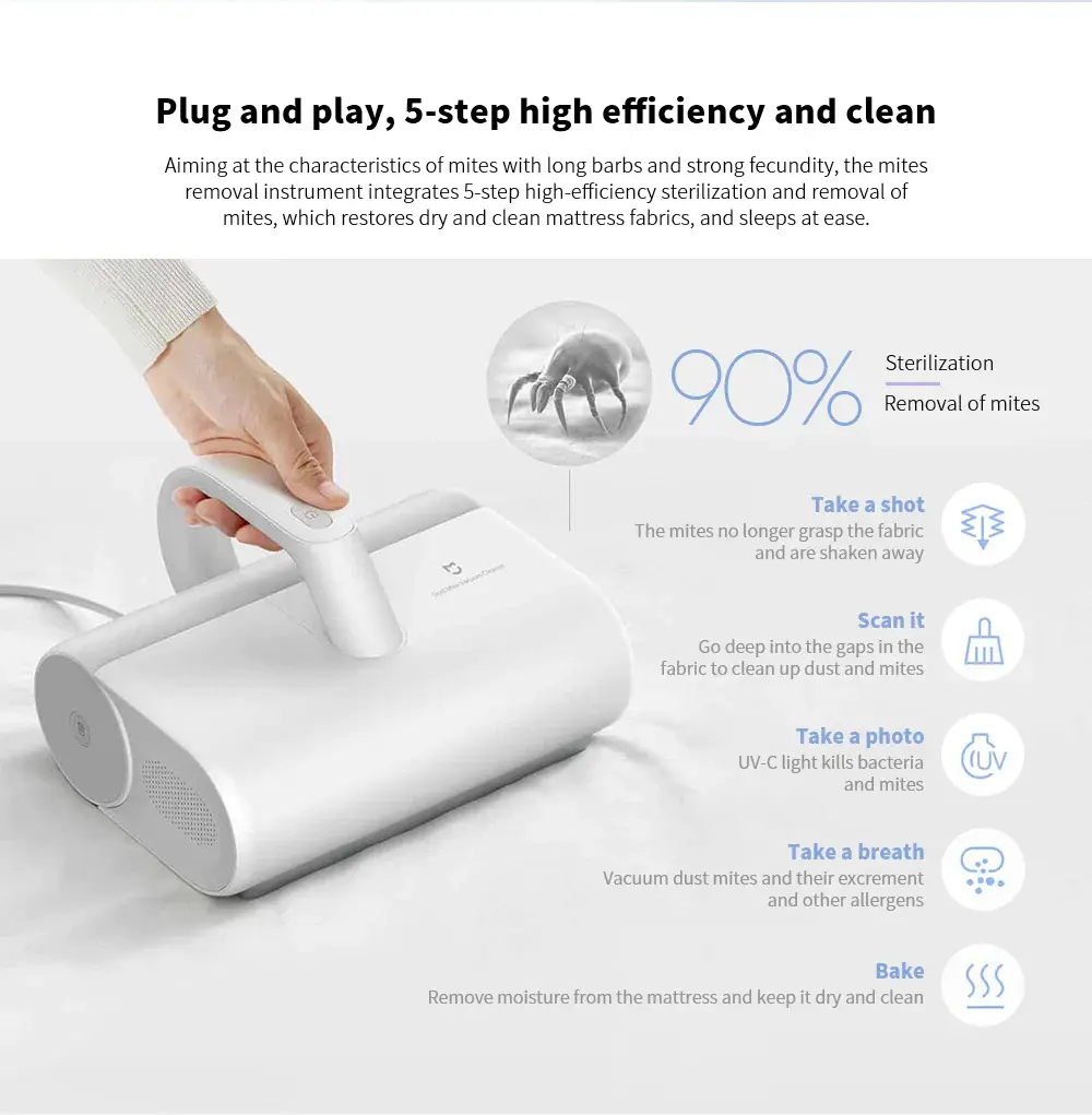 XIAOMI MIJIA Mite Remover Brush for Home Bed Quilt UV Sterilization Disinfection Vacuum Cleaner 12000PA Cyclone Suction