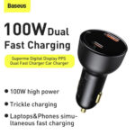 BASEUS Superme Digital Display PPS Dual Quick Charger U+C Car Charger with Type C to Type C Cable 100W Car Accessories