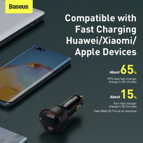 BASEUS Superme Digital Display PPS Dual Quick Charger U+C Car Charger with Type C to Type C Cable 100W Car Accessories
