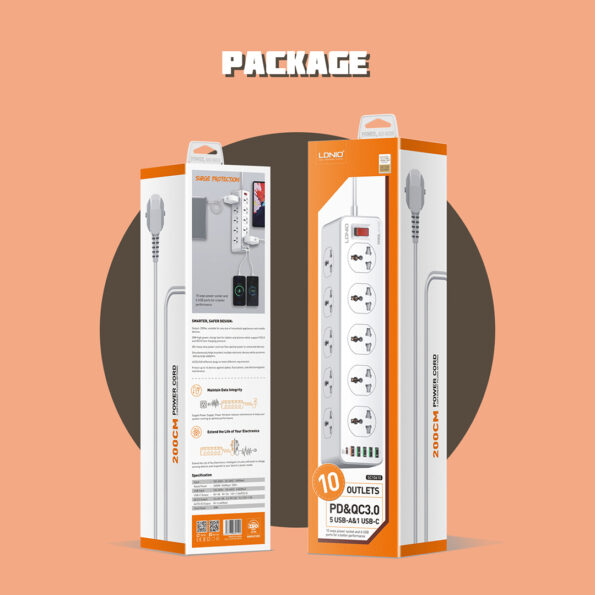 LDNIO SC10610 SURGE PROTECTION 30W 6-PORT USB CHARGER WITH 10 OUTLETS 5 USB-A 1 USB-C 200CM POWER CORD