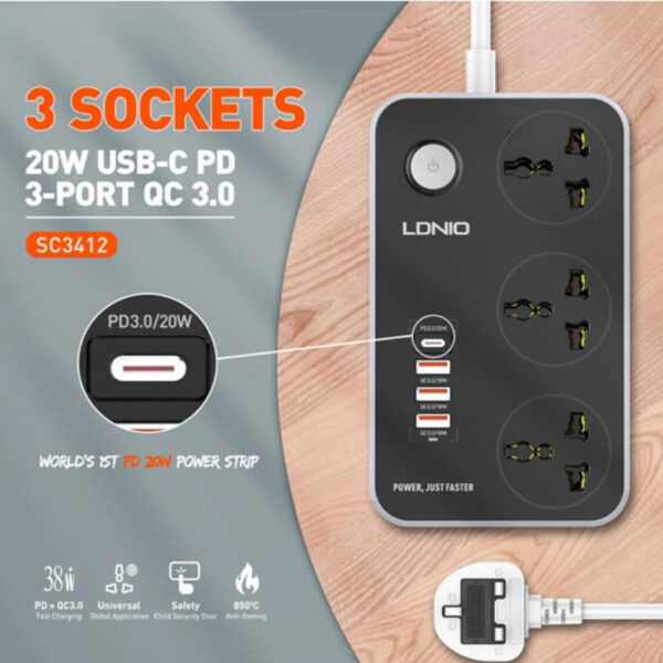 LDNIO SC3412 Power Strip With 3 Ac Sockets + PD Type-C Ports + 3 QC 3.0 Usb Ports Charger Charging Essential