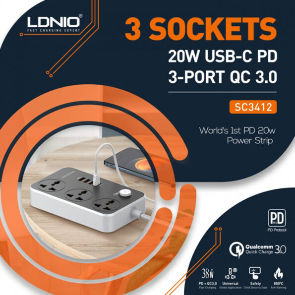 LDNIO SC3412 POWER STRIP WITH 3 AC SOCKETS + PD TYPE-C PORTS + 3 QC3.0 USB PORTS CHARGER