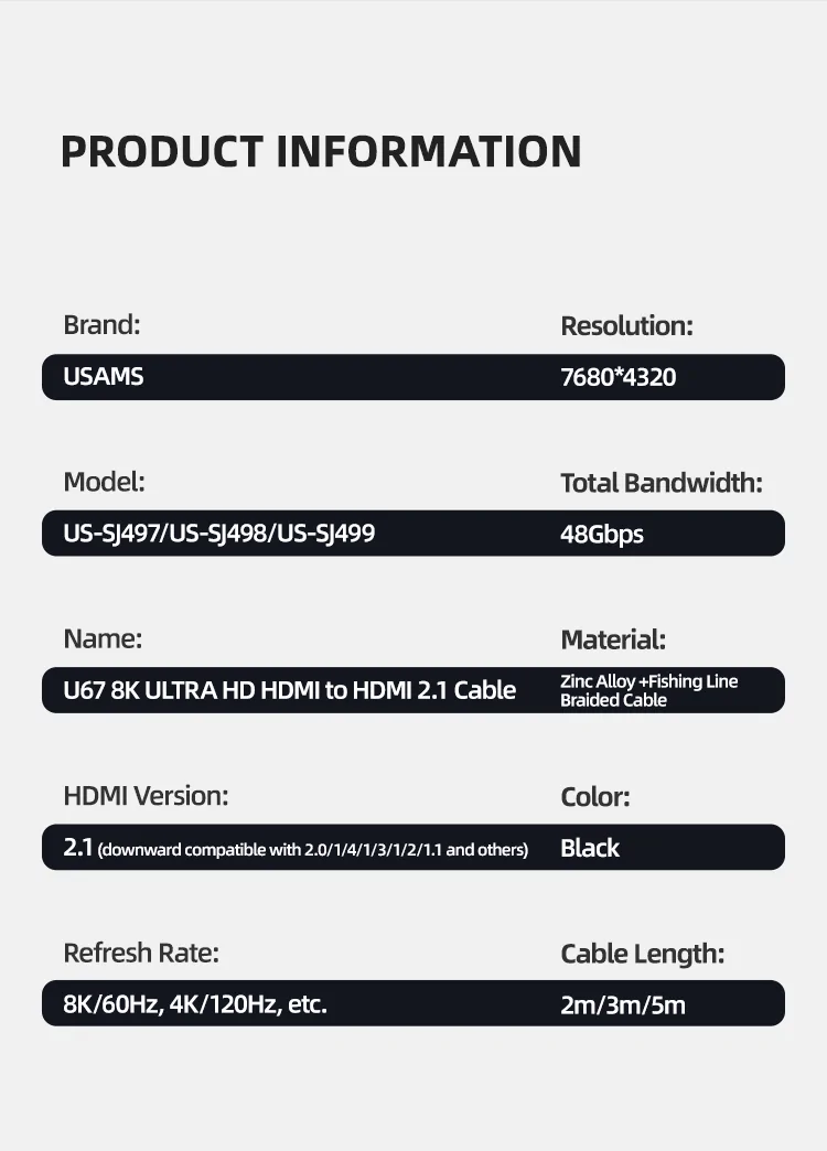 Usams U67 8K Ultra HD HDMI to HDMI 2.1 High Speed Video Cable 19