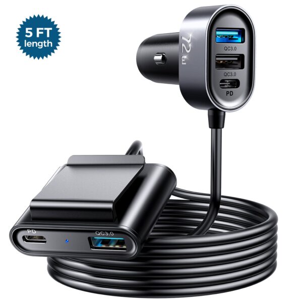 JOYROOM JR-CL05 5 Multi-Port QC3.0+PD Fast Car Charger Adapter 5ft Cable for FrontBack Seat Charging