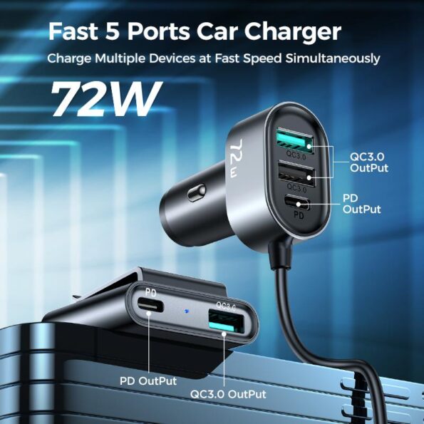 JOYROOM JR-CL05 5 Multi-Port QC3.0+PD Fast Car Charger Adapter 5ft Cable for FrontBack Seat Charging