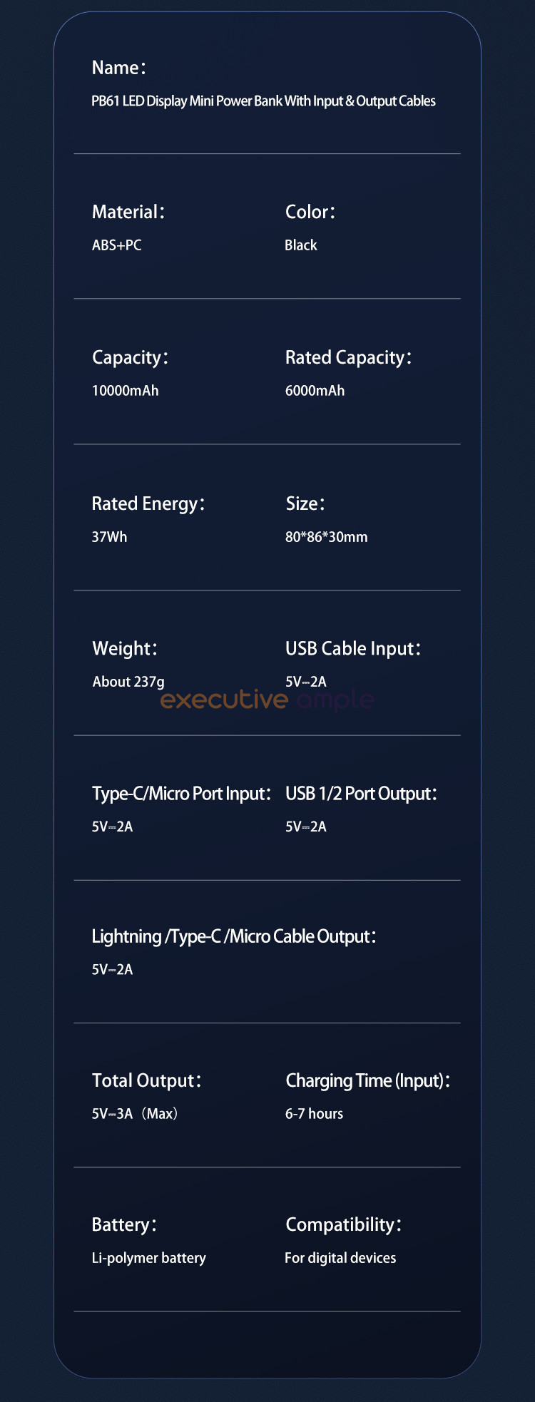 Usams 10000mAh LED Display Mini Power Bank With Cable 10