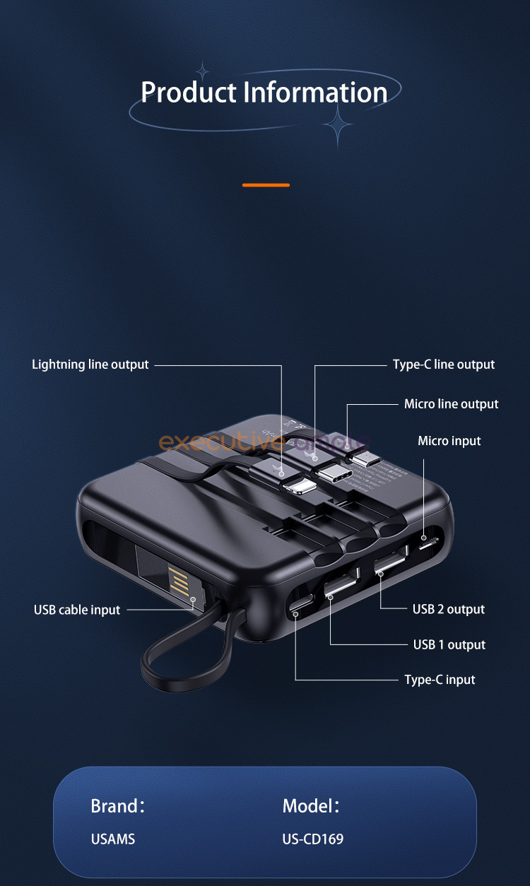 Usams 10000mAh LED Display Mini Power Bank With Cable 9