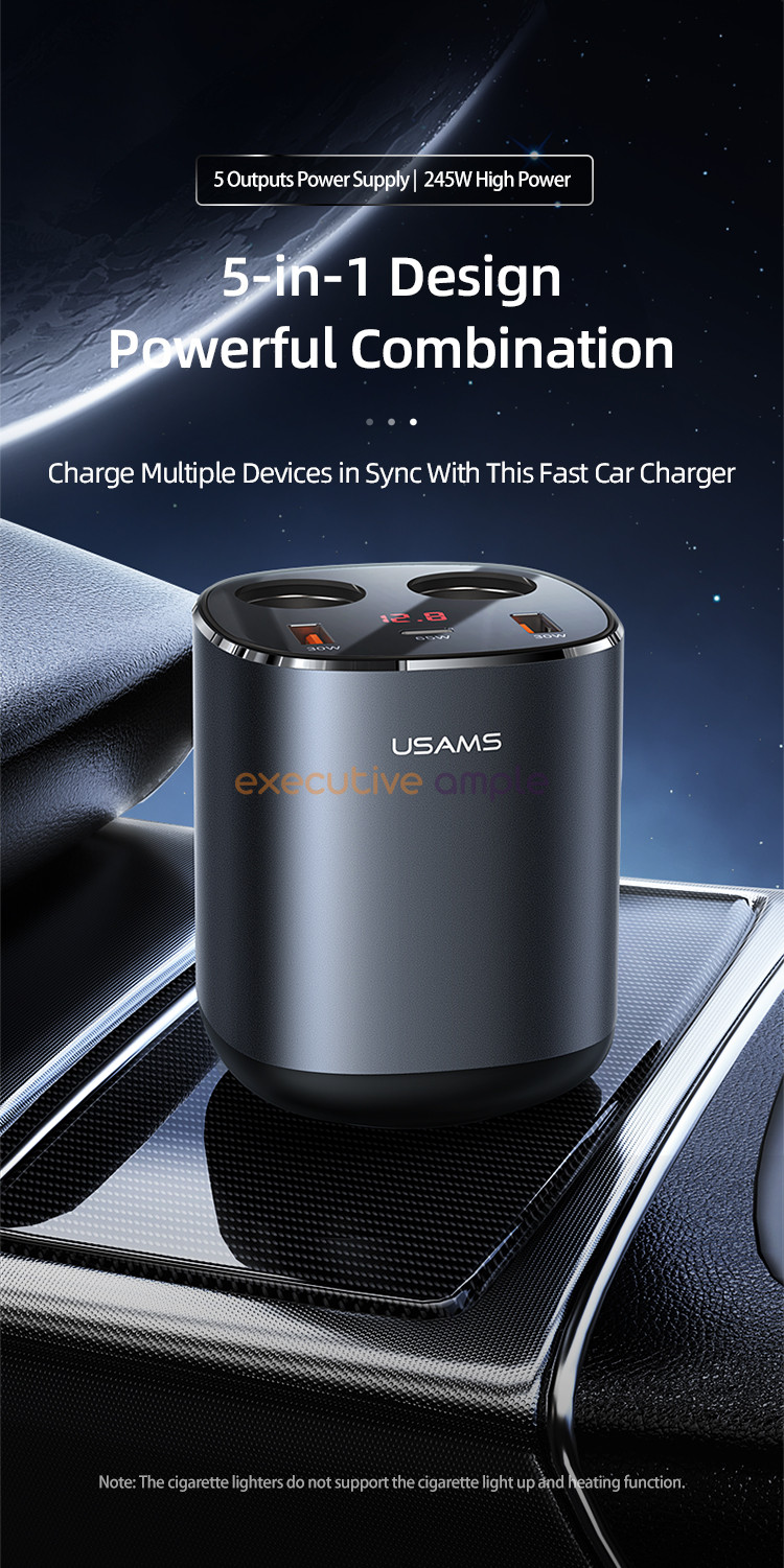 Usams Dual Cigarette Lighters Digital Display Fast Car Charger 1