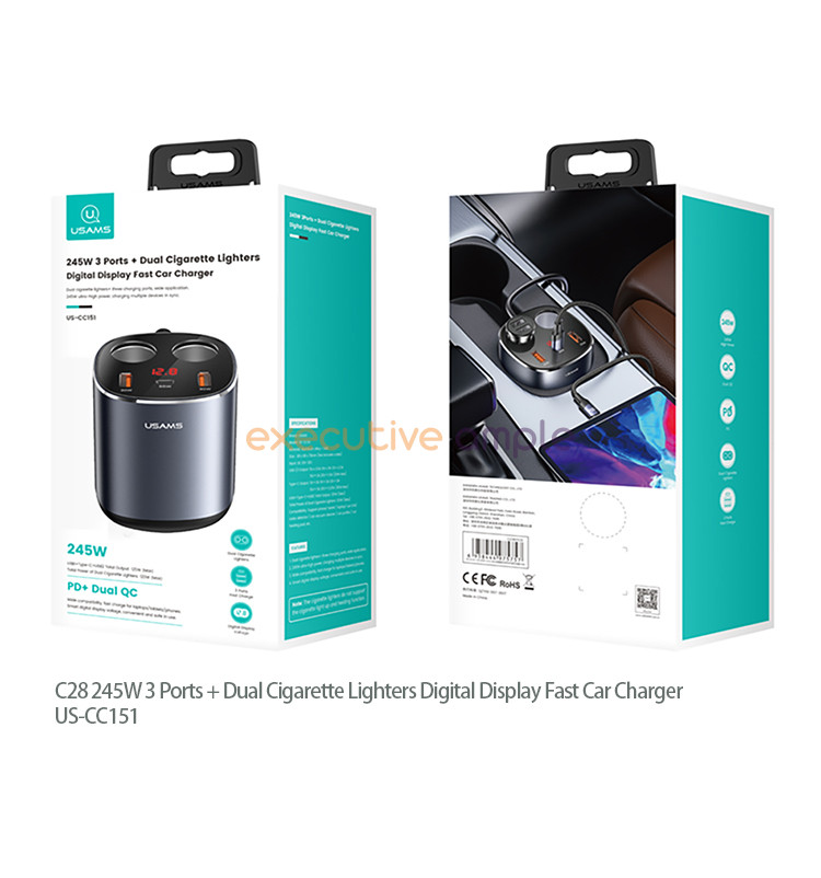 Usams Dual Cigarette Lighters Digital Display Fast Car Charger 13
