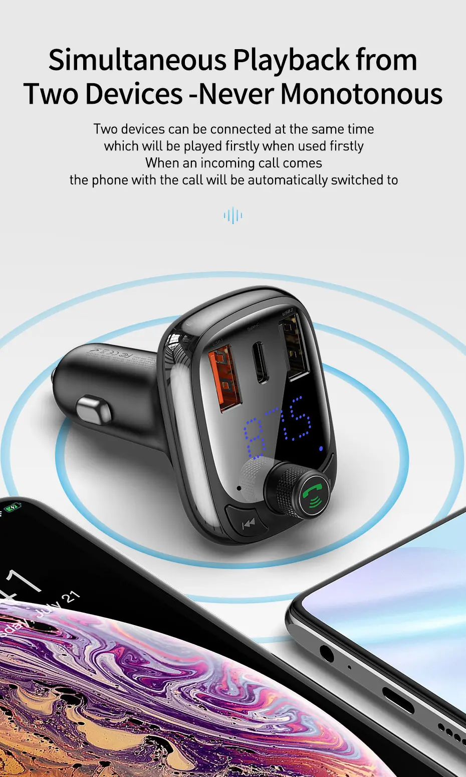Baseus Dual USB Quick Charging 4.0 Car Charger FM Transmitter Bluetooth Car Kit LCD MP3 Player 10