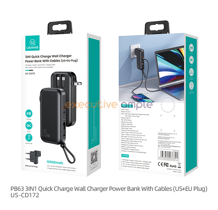 Usams US CD172 PB63 3IN1 Quick Charge Wall Charger 10000mAh Power Bank With Cables USEU Plug 12