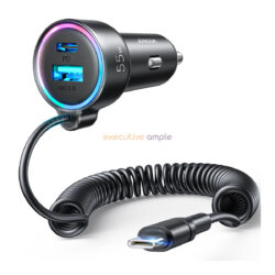 JOYROOM JR-CL07 3 in 1 55W PD USB-C + USB Interface Car Charger with USB-C Spring Data Cable Car Accessories