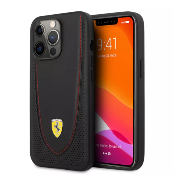 Scuderia Ferrari iPhone 13 Pro Max Leather Case Black Grey Red with Curved Line Stitched and Perforated Design