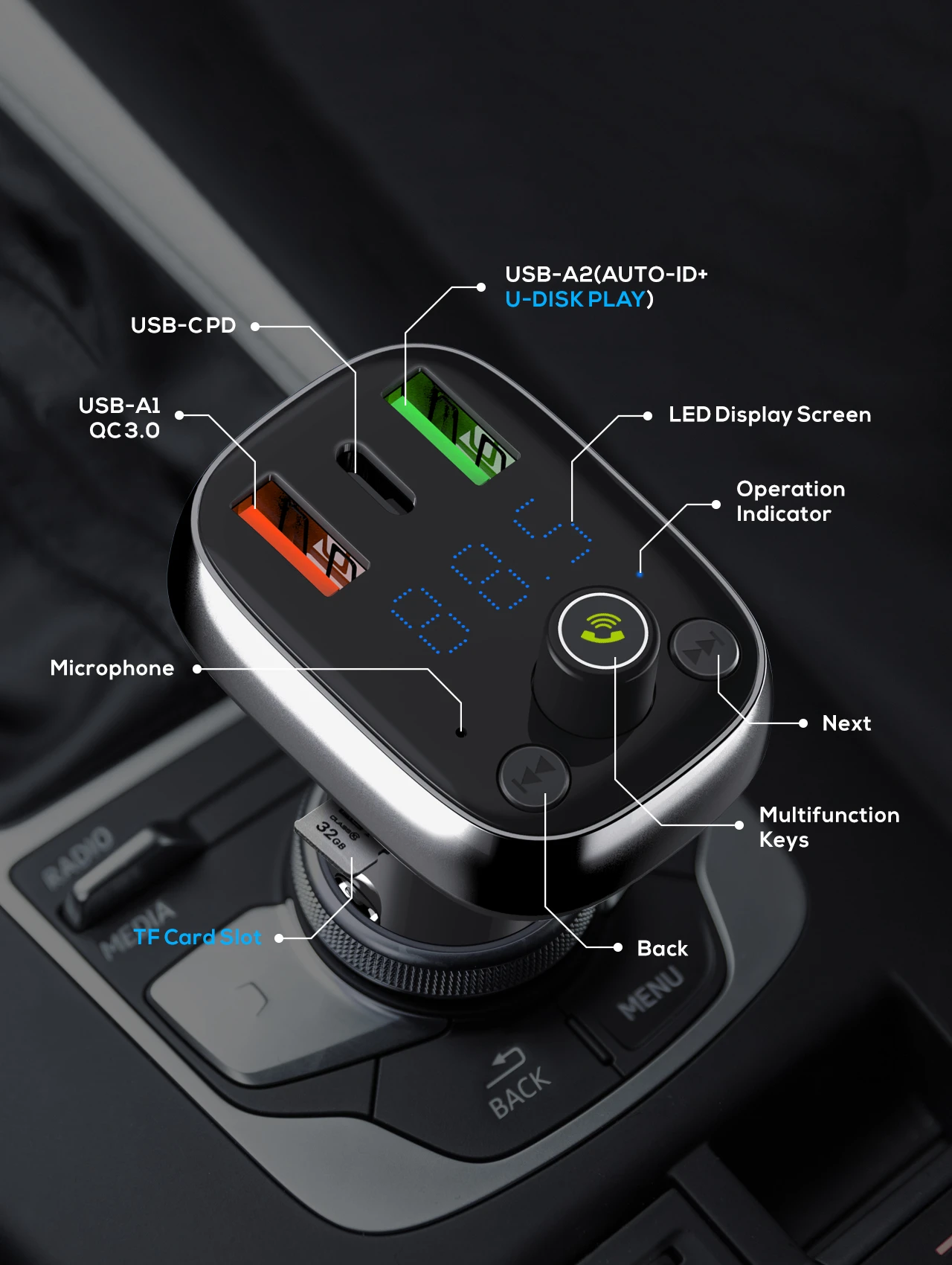 Ldnio C704Q Usb Car Charger Bluetooth Fm Transmitter Triple Usb Charger