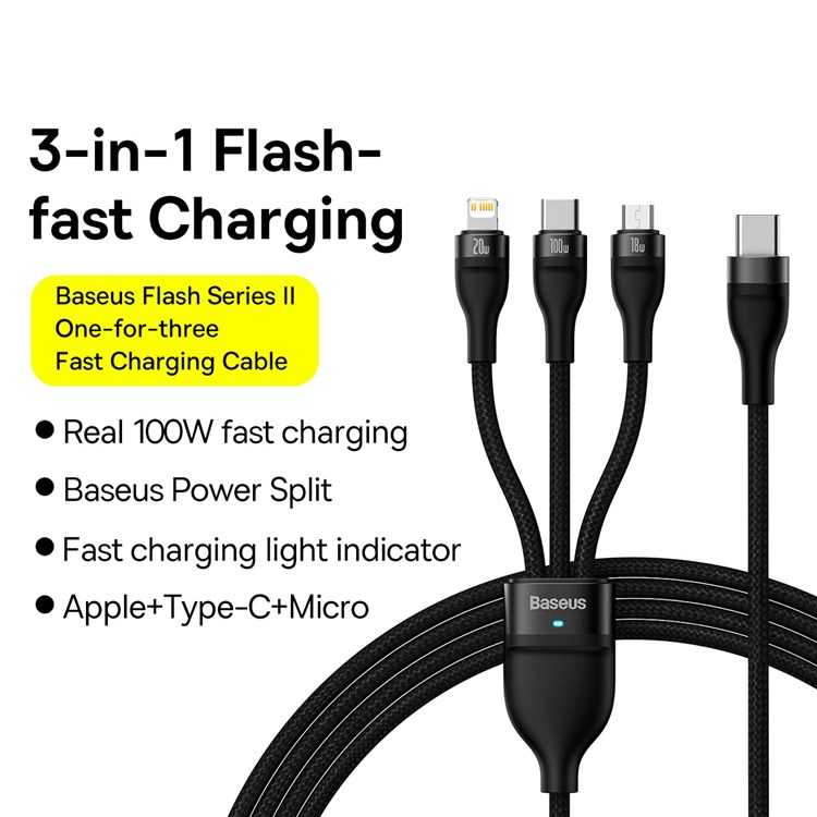 BASEUS Flash Series II 100W One-for-Three Type-C to Micro / Lightning / Type-C Fast Charging Cable