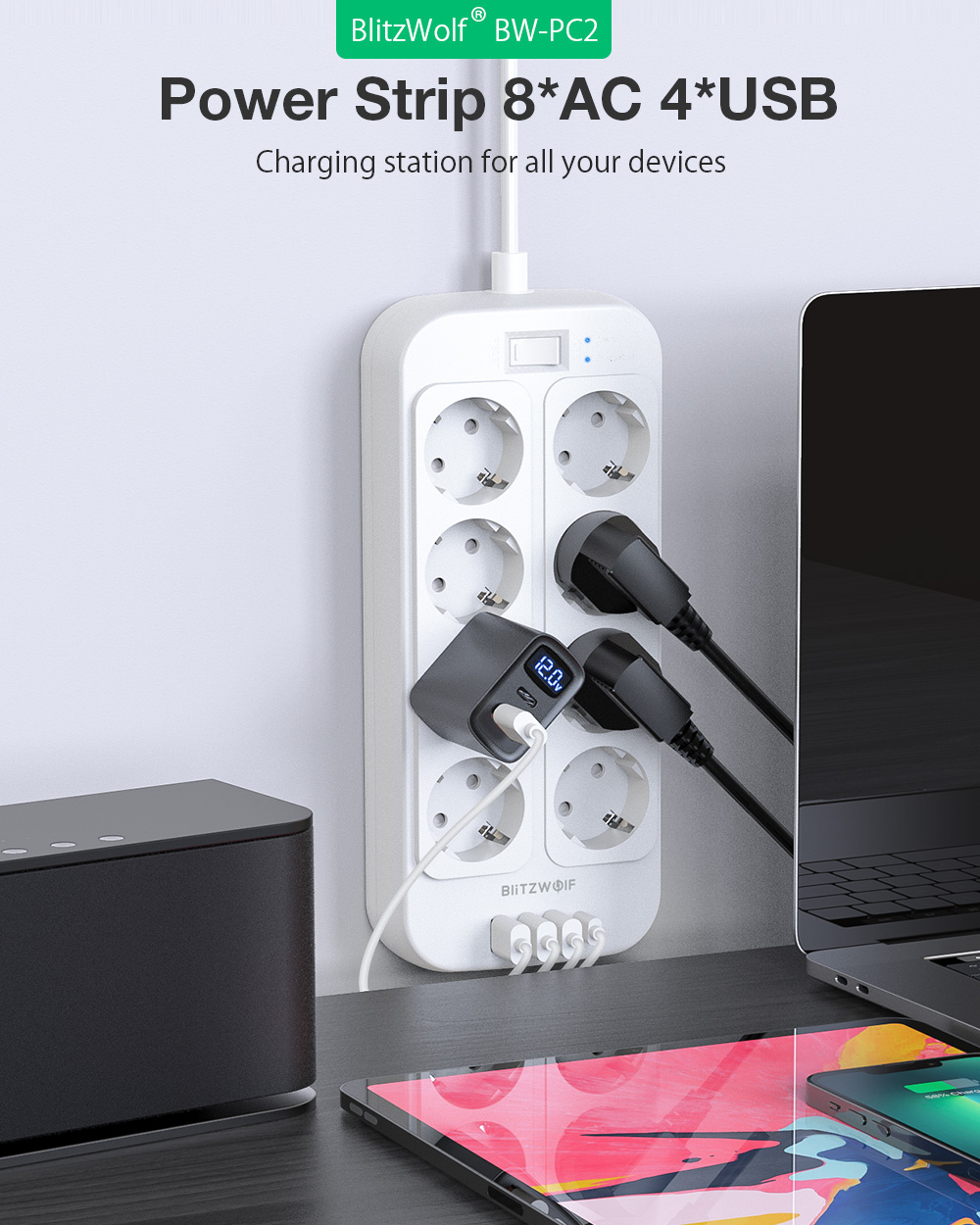 BlitzWolf BW-PC2 2500W Power Strip 8 AC 4 USB Fast Charging Station for All Device