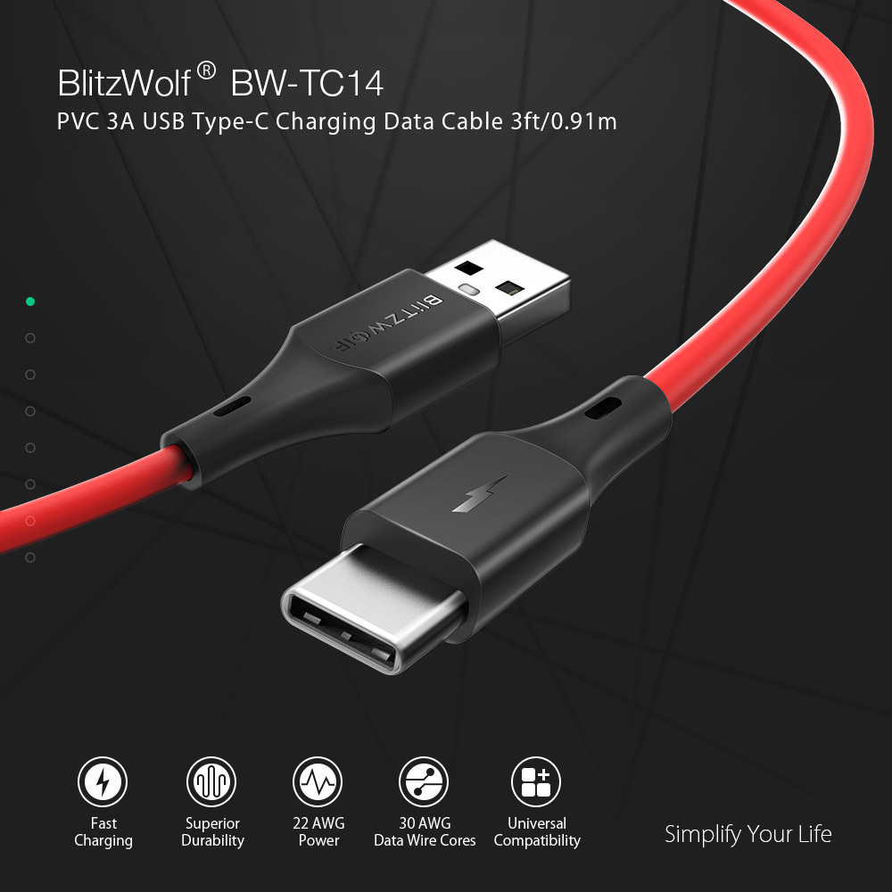 BlitzWolf BW-TC14 PVC 3A USB Type-C Charging Data Cable