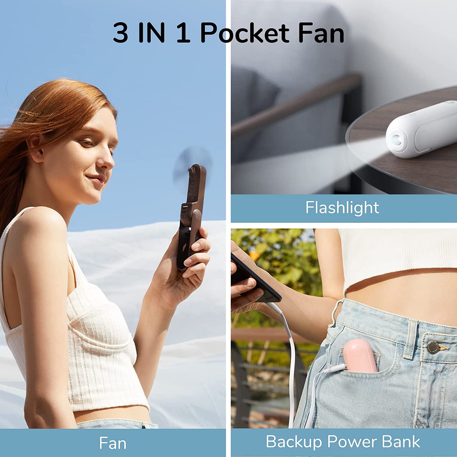 JISULIFE F8 Handheld Mini Fan Portable USB Rechargeable Fan with Power Bank and Flashlight Function