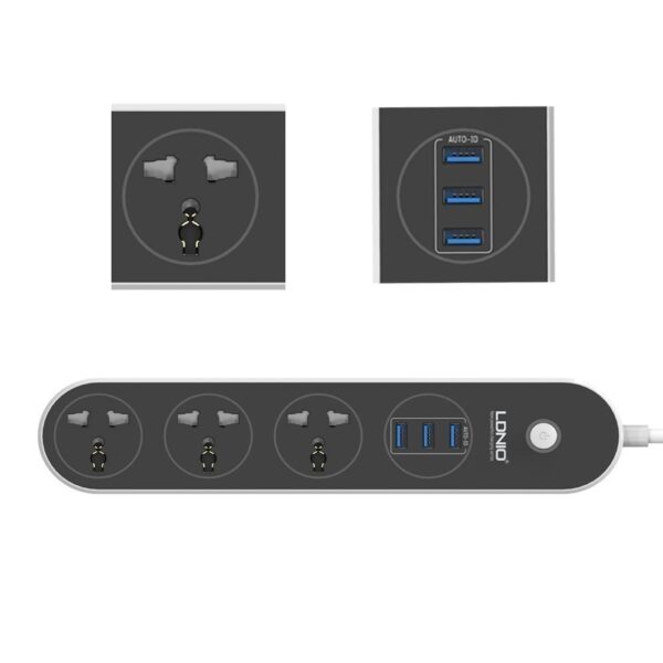 LDNIO SC3301 3 Power Socket With 3 USB Extension Cord Charging Essential