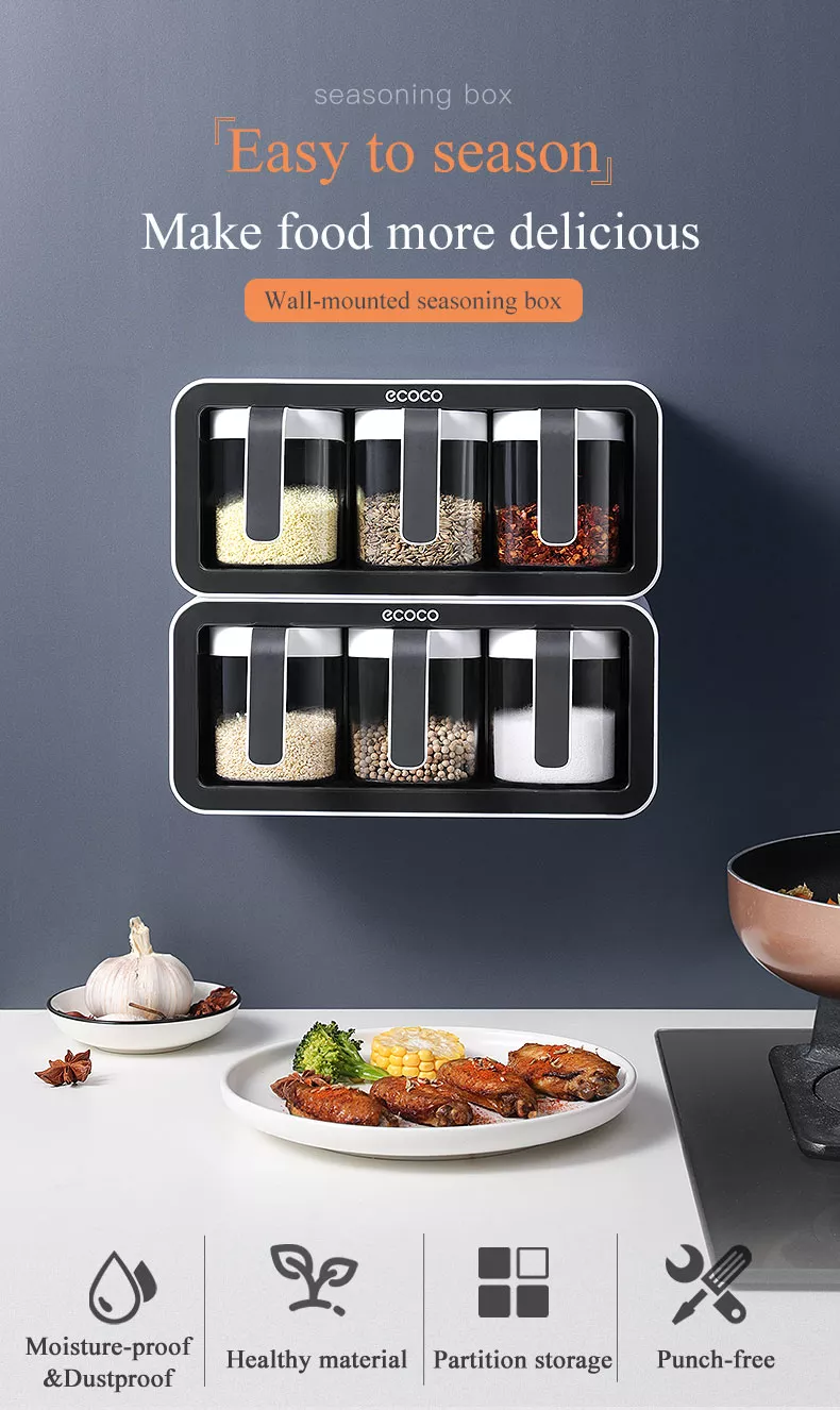 Ecoco Wall Mount Spice Rack Sugar Bowl Salt Shaker Seasoning Container Spice Boxes