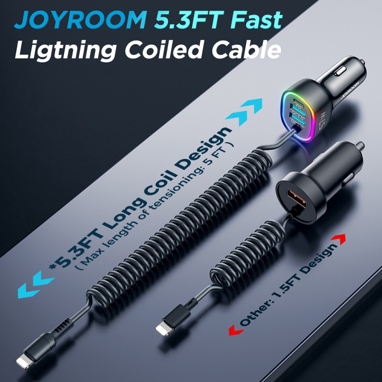 Joyroom Jr-Cl20 57W 4 In 1 Car Charger With 1.6Cm Coiled Lightning Cable