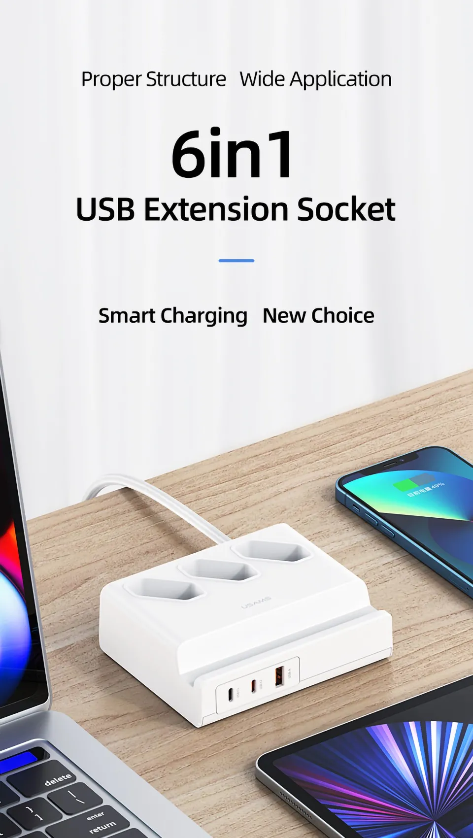 USAMS US-CC160 P1 65W Super Si Fast Charging USB Extension Socket (EU)