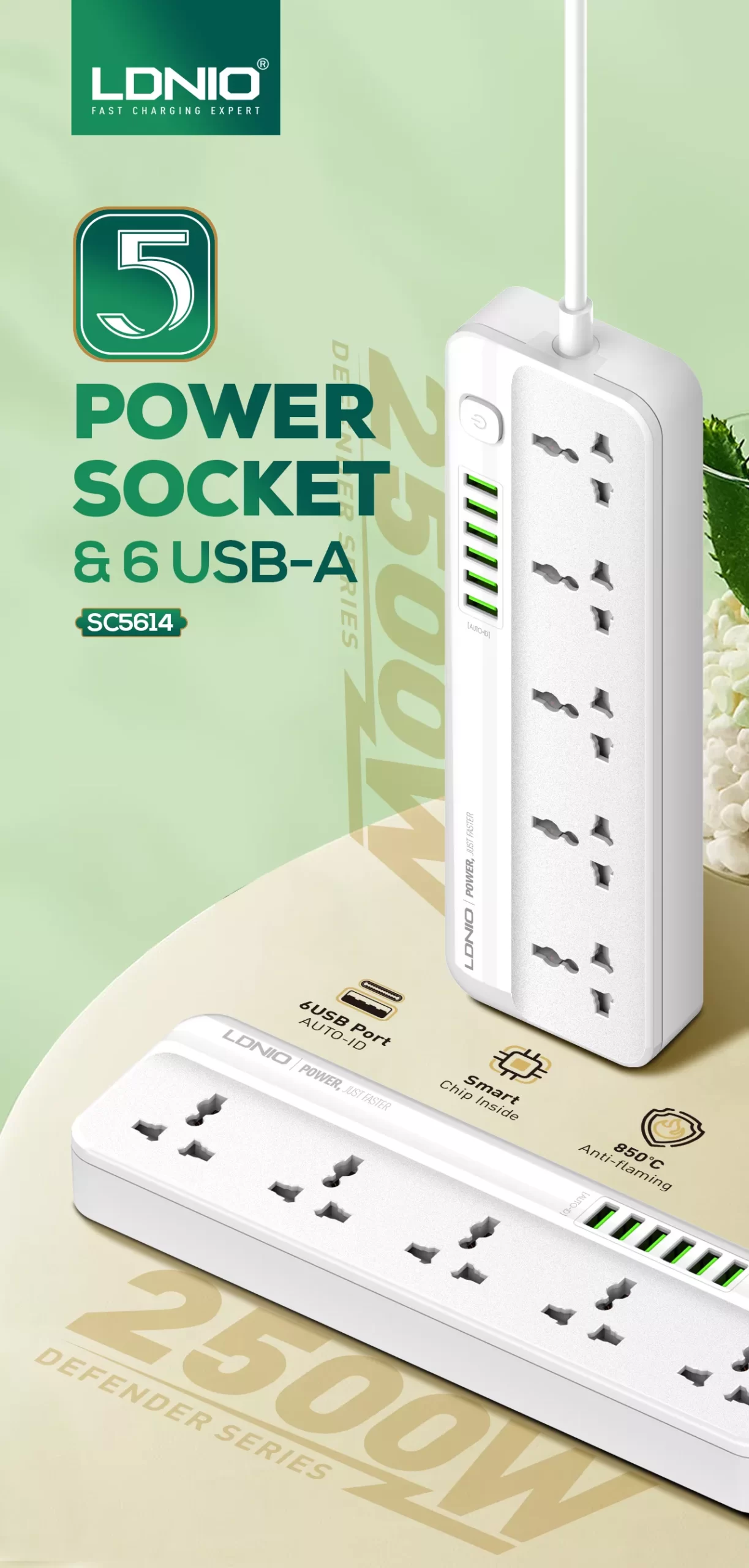 LDNIO SC5614 Power Strip 6 USB Charging Ports and 5 AC Outlets