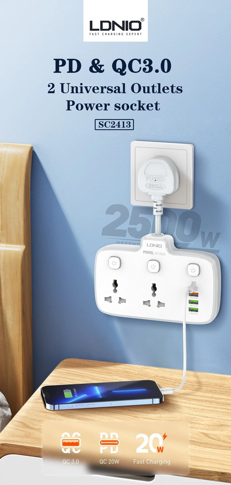 Ldnio SC2413 PD and QC3.0 2 Universal Outlets Power Socket