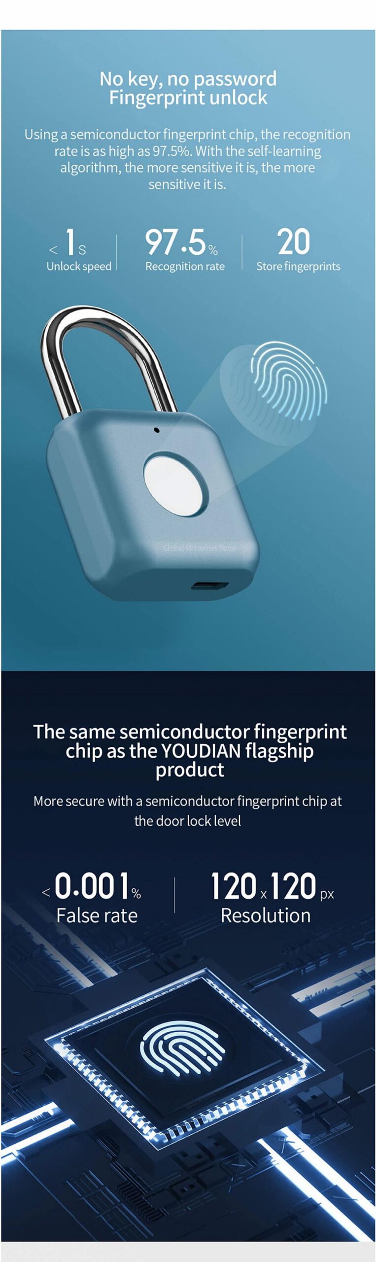 Xiaomi Youpin Fingerprint Padlock Smart Rechargeable Keyless Lock