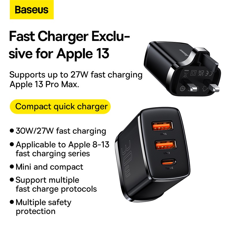 BASEUS 30W Compact Fast Charger 2USB+Type-C Multi-Port Wall Charger