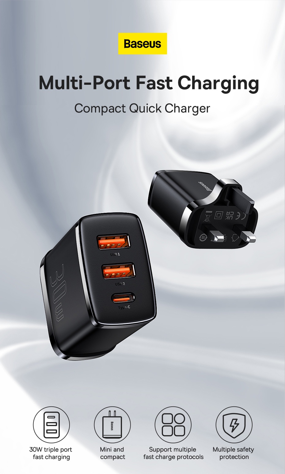 BASEUS 30W Compact Fast Charger 2USB+Type-C Multi-Port Wall Charger