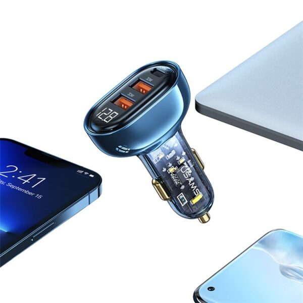 USAMS Ice Series 80W 3-Port Transparent Car Charger with Type-C to Type-C PD 100W Transparent Data Cable Car Accessories