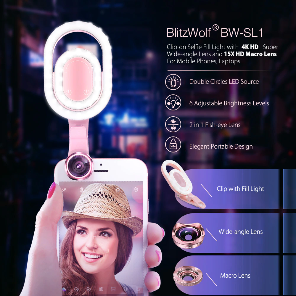 BlitzWolf BW-SL1 Clip-on Selfie Fill Light with 4K Wide-angle Lens