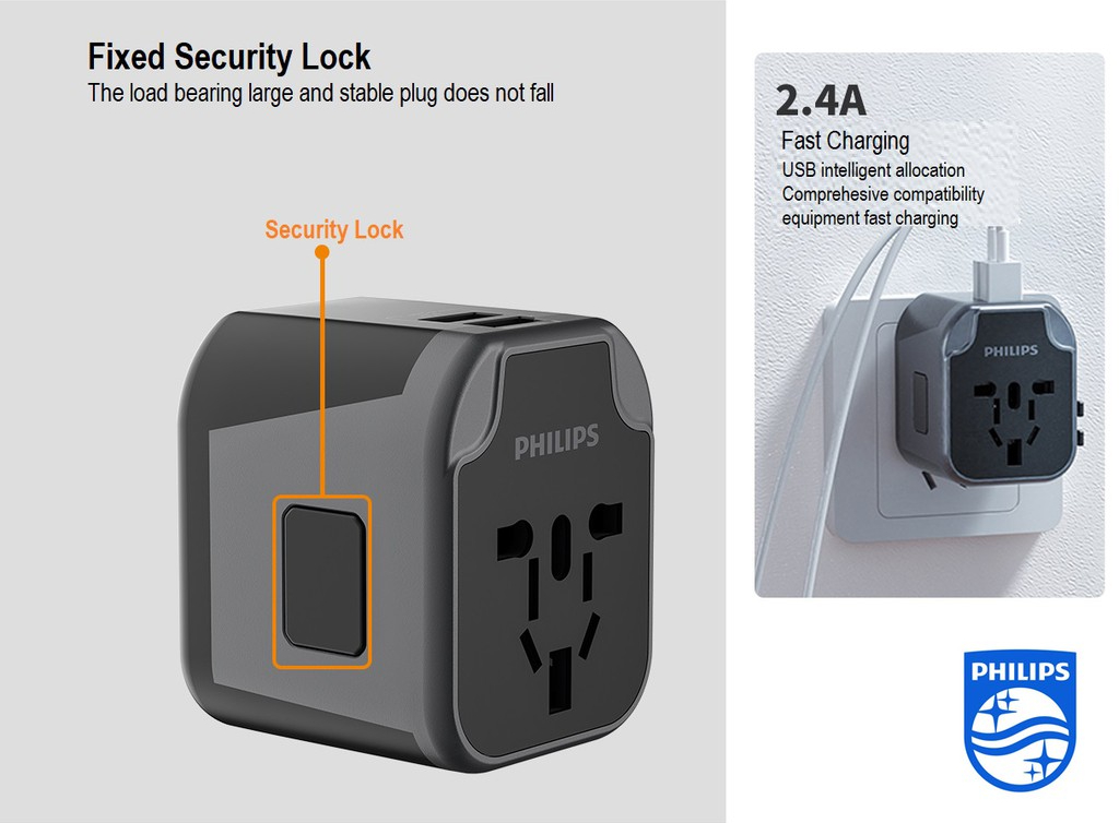 Philips Universal Socket Conversion Plug with USB Port