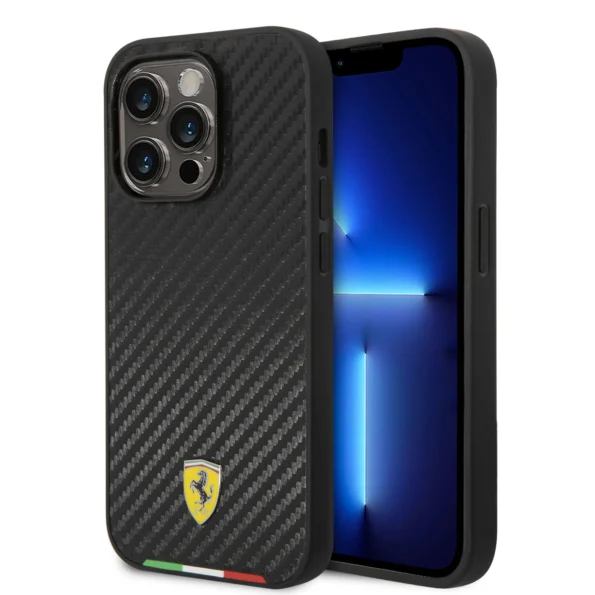 Scuderia Ferrari PU Leather Carbon Fiber Case with Metal Logo for iPhone 14 Pro / 14 Pro Max