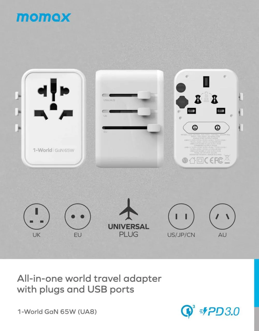 Momax UA8 1-World 65W GaN Travel Adapter