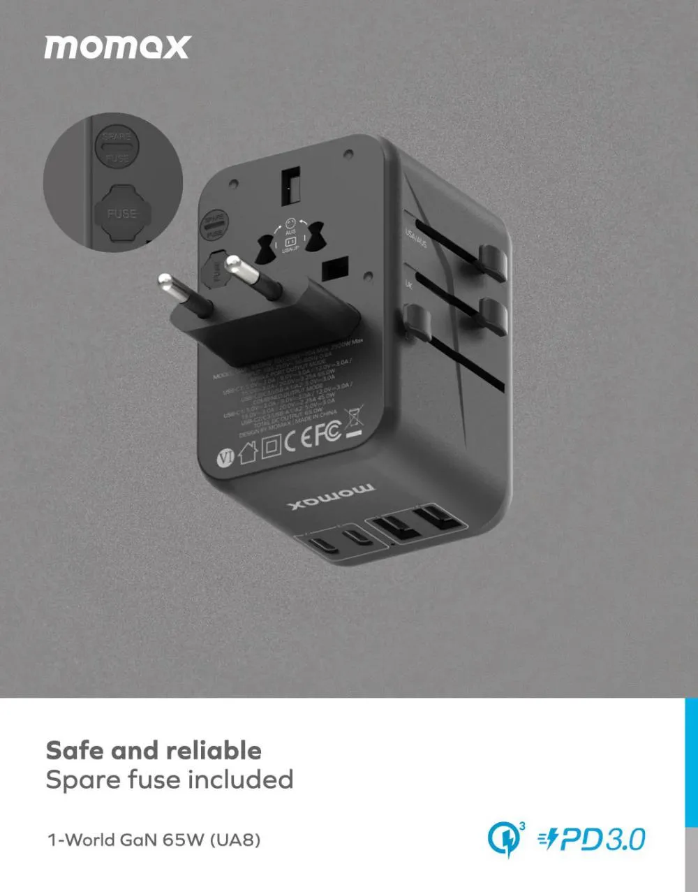 Momax UA8 1-World 65W GaN Travel Adapter