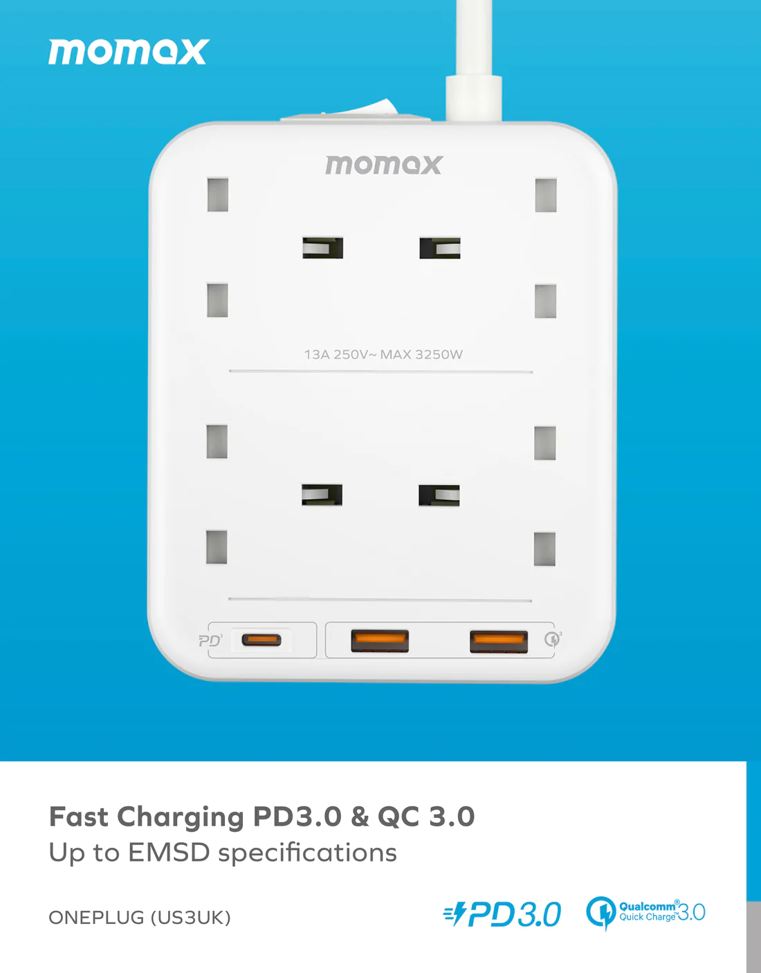 Momax US3UK ONEPLUG 4-Outlet Power Strip with USB