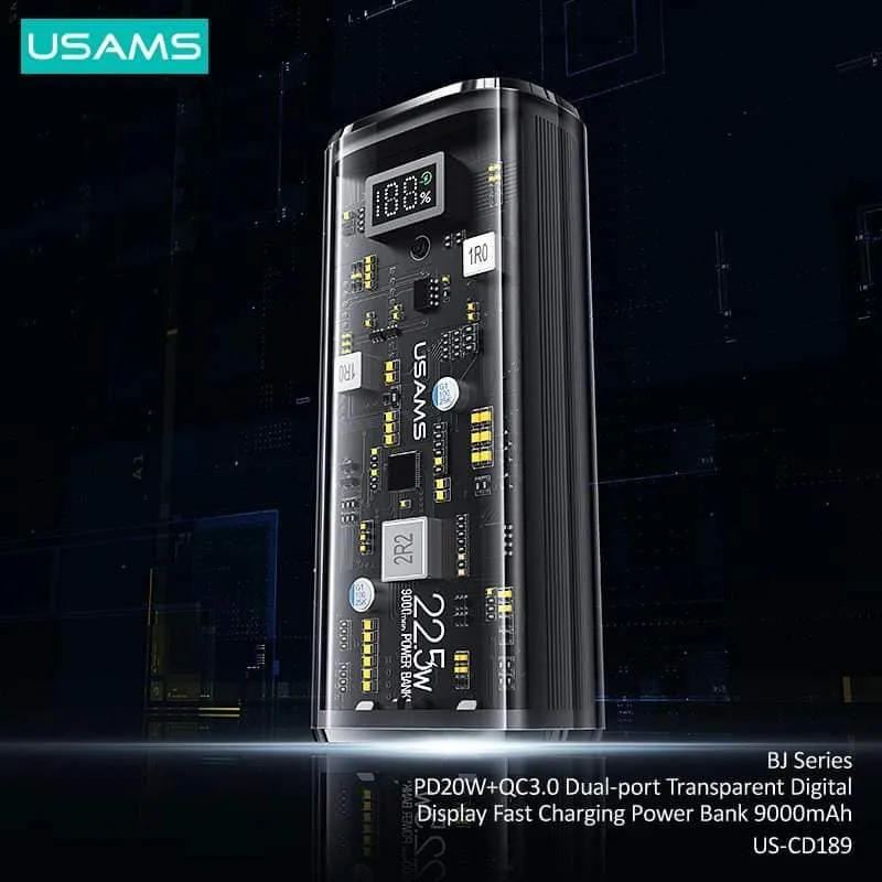 USAMS US-CD189 PD20W 9000mAh Dual Port Transparent Digital Display Fast Charging Power Bank