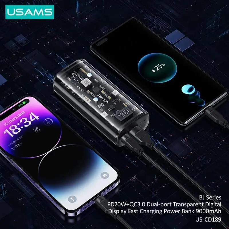 USAMS US-CD189 PD20W 9000mAh Dual Port Transparent Digital Display Fast Charging Power Bank