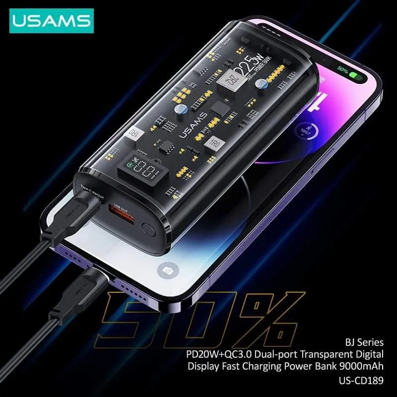 USAMS US-CD189 PD20W 9000mAh Dual Port Transparent Digital Display Fast Charging Power Bank