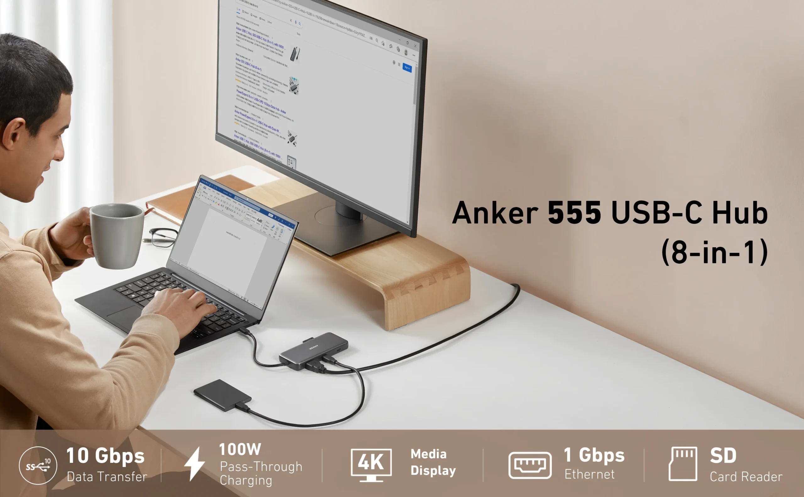 Anker 555 PowerExpand 8-in-1 USB C Hub with 100W Power Delivery 4K 60Hz