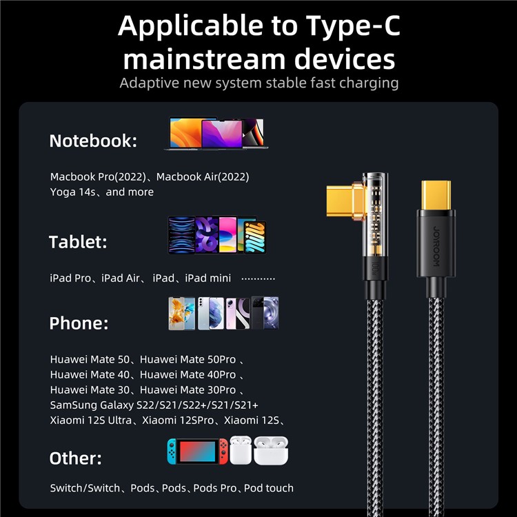 JOYROOM S-CC100A6 100W Type-C to Type-C Transparent Fast Charging Data Cable 1.2m