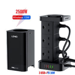 LDNIO SKW6457 6 Outlet 15W USB Tower Extension Power Socket with Wireless Charger Charging Essential