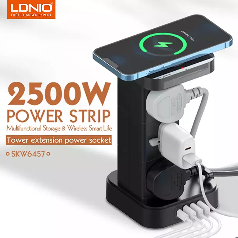 LDNIO SKW6457 6 Outlet 15W USB Tower Extension Power Socket with Wireless Charger