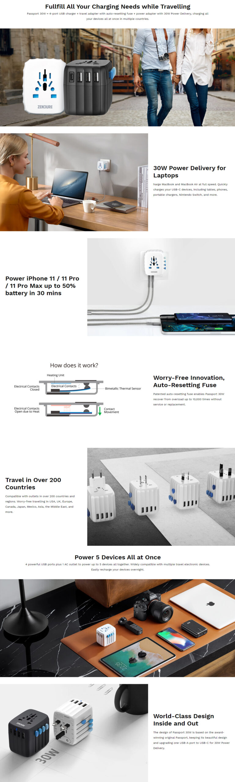 Zendure Passport 30W All-in-One Travel Adapter with USB-C Auto-Resetting Fuse