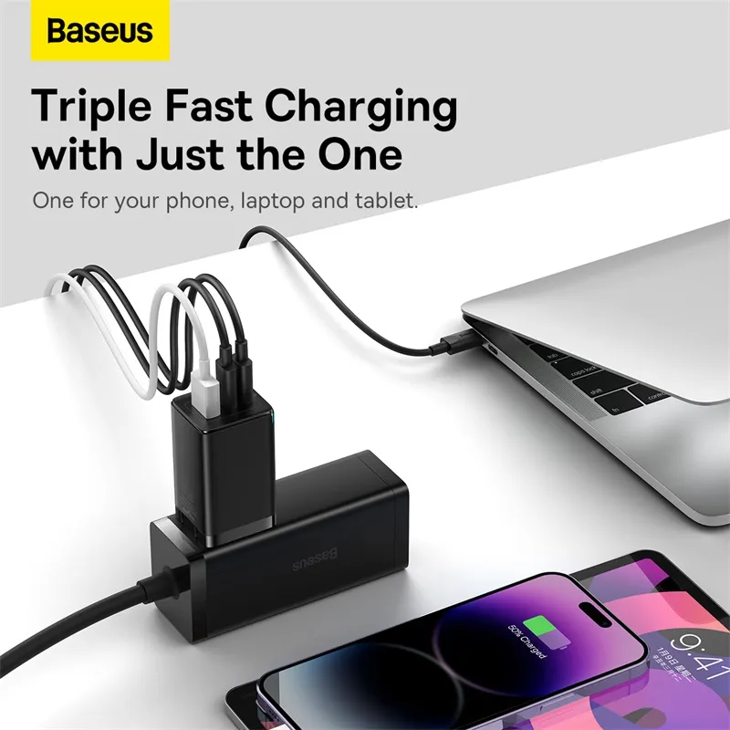 Baseus GaN5 Pro 65W Fast Charger 2-Type-C 1-USB Port CN for MacBook Laptop Phone