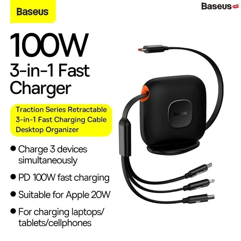 Baseus Traction Series 100W Retractable 3-In-1 Fast Charging Cable Desktop Organizer Type-C To M+L+C