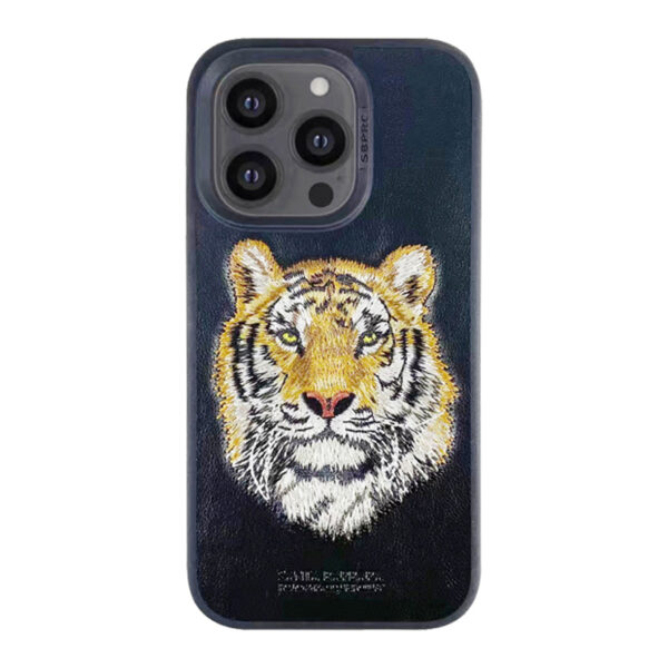 Santa Barbara Savana Series Tiger Embroidery Genuine Leather Case For Iphone 14 Pro / 14 Pro Max Cover &Amp; Protector