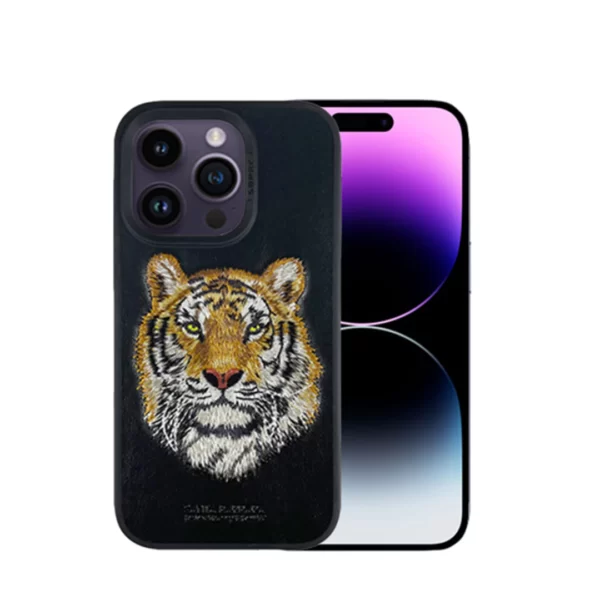 Santa Barbara Savana Series Tiger Embroidery Genuine Leather Case For Iphone 14 Pro / 14 Pro Max Cover &Amp;Amp; Protector